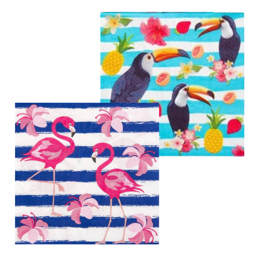 The napkins used to update my skadis containers. A navy blue and white striped napkin with pinks flamingos and a light blue and white striped napkin with toucans.